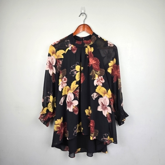 DR2 Flowy Floral Sheer Sleeve Blouse Multicolor Womens Size L‎ Dressy Office - Picture 1 of 12
